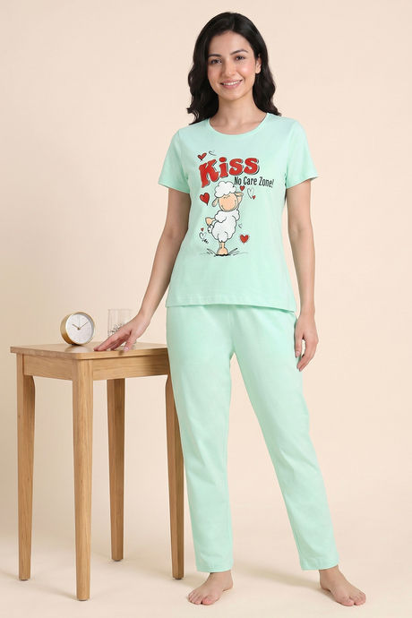 Buy Zivame Farm Lore Knit Cotton Pyjama Set - Honey Dew